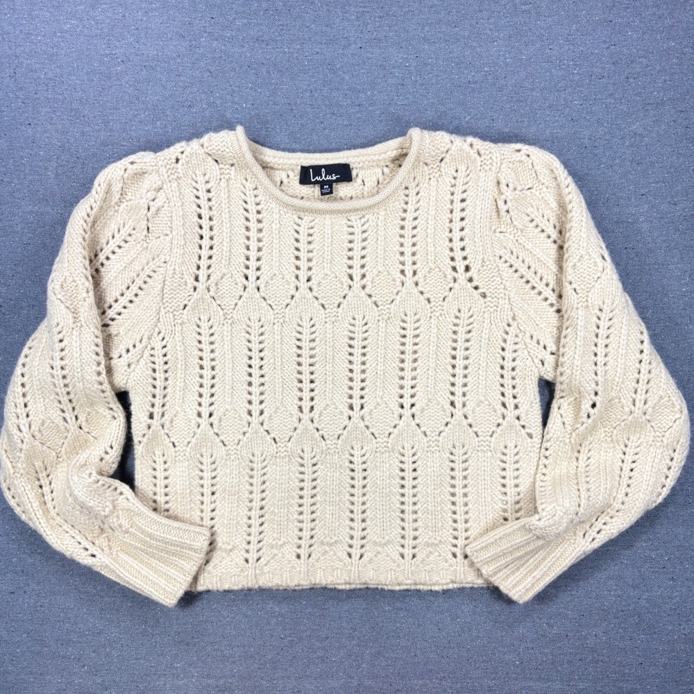 Lulus Pullover Sweater Women Size M Cream Pointelle Cable Knit Crew Neck Ivory